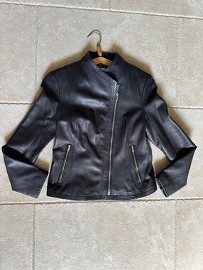 Cole Haan Black Asymmetrical Zip Leather Jacket
